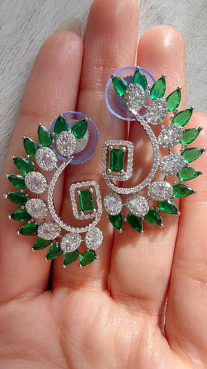 Diamond silver medium length Green earrings /Indian Studs/Indian Jewelry/diamond Studs/Statement Stud Earring/