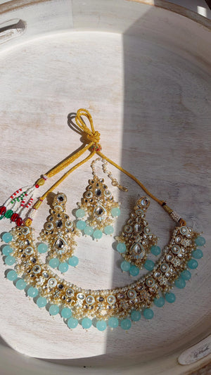 Sky blue Pearl Meenakari Kundan Necklace Set with Long Jhumka & Tikka | Bridal Kundan Choker | Indian Wedding Jewelry