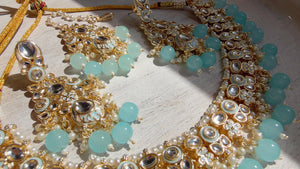Sky blue Pearl Meenakari Kundan Necklace Set with Long Jhumka & Tikka | Bridal Kundan Choker | Indian Wedding Jewelry