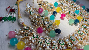Multi Pearl Meenakari Kundan Necklace Set with Long Jhumka & Tikka | Bridal Kundan Choker | Indian Wedding Jewelry