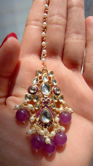 Purple Pearl Meenakari Kundan Necklace Set with Long Jhumka & Tikka | Bridal Kundan Choker | Indian Wedding Jewelry