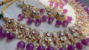 Purple Pearl Meenakari Kundan Necklace Set with Long Jhumka & Tikka | Bridal Kundan Choker | Indian Wedding Jewelry