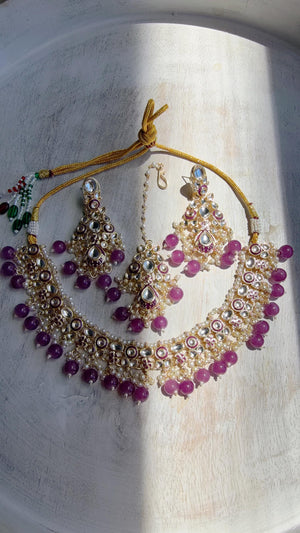 Purple Pearl Meenakari Kundan Necklace Set with Long Jhumka & Tikka | Bridal Kundan Choker | Indian Wedding Jewelry