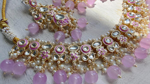 Light Purple Pearl Meenakari Kundan Necklace Set with Long Jhumka & Tikka | Bridal Kundan Choker | Indian Wedding Jewelry