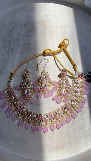 Light Purple Pearl Meenakari Kundan Necklace Set with Long Jhumka & Tikka | Bridal Kundan Choker | Indian Wedding Jewelry