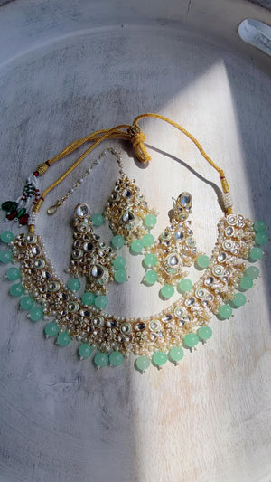 Mint Pearl Meenakari Kundan Necklace Set with Long Jhumka & Tikka | Bridal Kundan Choker | Indian Wedding Jewelry