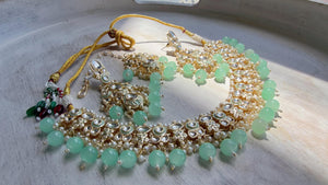 Mint Pearl Meenakari Kundan Necklace Set with Long Jhumka & Tikka | Bridal Kundan Choker | Indian Wedding Jewelry