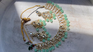 Mint Pearl Meenakari Kundan Necklace Set with Long Jhumka & Tikka | Bridal Kundan Choker | Indian Wedding Jewelry