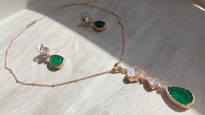 Green Drop Pendant Necklace Set with Earrings | Gold Finish CZ Jewelry | Minimal Indian Necklace | Elegant Party Wear Jewelry