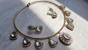 Baby Pink Coral Polki Kundan Necklace Set with Drop Earrings | Gold Finish Bridal Jewelry | Indian Wedding Necklace Set - Sally