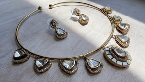Mother of Pearl Coral Polki Kundan Necklace Set with Drop Earrings | Gold Finish Bridal Jewelry | Indian Wedding Necklace Set - Sally