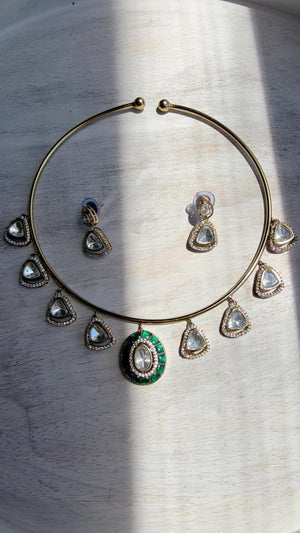 Emerald Green Coral Polki Kundan Necklace Set with Drop Earrings | Gold Finish Bridal Jewelry | Indian Wedding Necklace Set - Sally