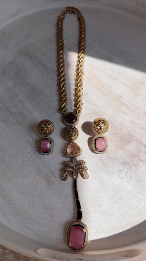 Sabyasachi-Inspired Ruby Pink Long Chain Necklace Set | Kundan Stone Bridal Jewelry | Indian Wedding Necklace – Naina