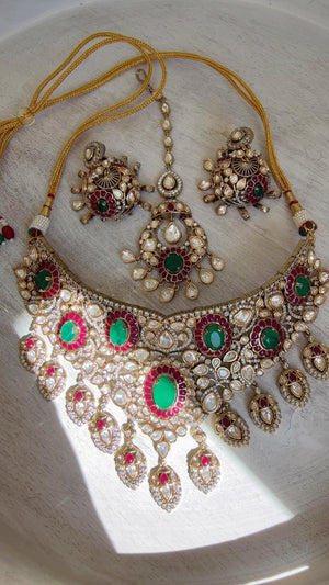 Ruby Green Kundan Choker Necklace Set | Statement Choker with jhumka Maang tikka | Indian Bridal Jewelry/Moissanite diamond necklace