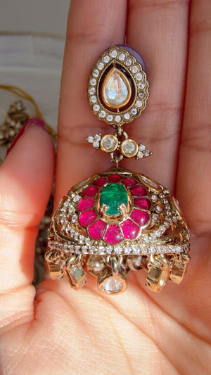 Ruby Green Kundan Choker Necklace Set | Statement Choker with jhumka Maang tikka | Indian Bridal Jewelry/Moissanite diamond necklace
