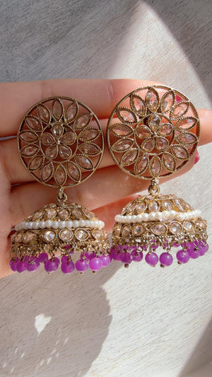 Purple Kundan Jhumka Earrings with Pearl & Bead Drops | Antique Gold Finish Indian Bridal Earrings