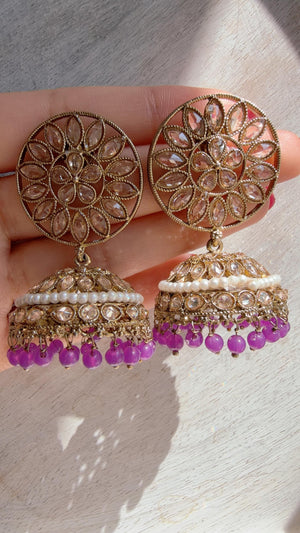Purple Kundan Jhumka Earrings with Pearl & Bead Drops | Antique Gold Finish Indian Bridal Earrings