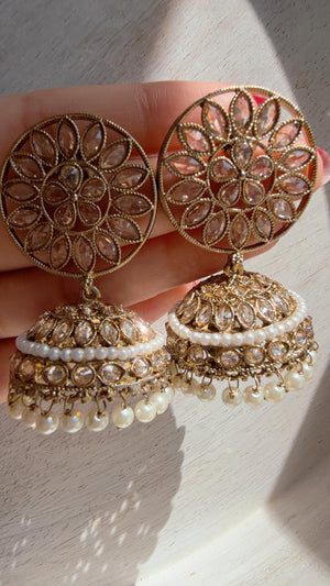 Gold Kundan Jhumka Earrings with Pearl & Bead Drops | Antique Gold Finish Indian Bridal Earrings