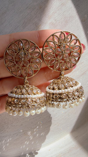 Gold Kundan Jhumka Earrings with Pearl & Bead Drops | Antique Gold Finish Indian Bridal Earrings