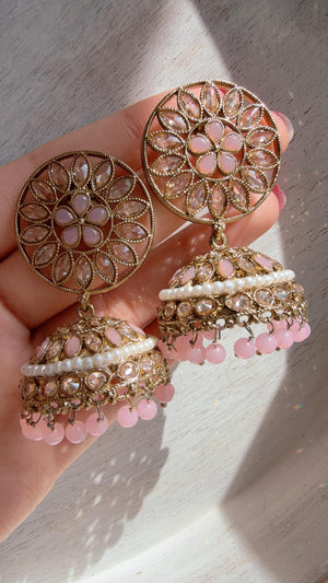 Baby pink Kundan Jhumka Earrings with Pearl & Bead Drops | Antique Gold Finish Indian Bridal Earrings