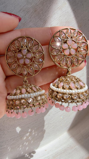 Baby pink Kundan Jhumka Earrings with Pearl & Bead Drops | Antique Gold Finish Indian Bridal Earrings