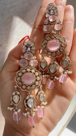 Moissanite kundan chandbali Earrings / American Diamond Baby pink Earrings/ Statement Danglers//Bridal Chandelier Earrings/