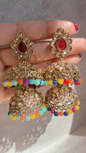 double layer Multi Kundan Jhumka Earrings with Pearl & Bead Drops | Antique Gold Finish Indian Bridal Earrings