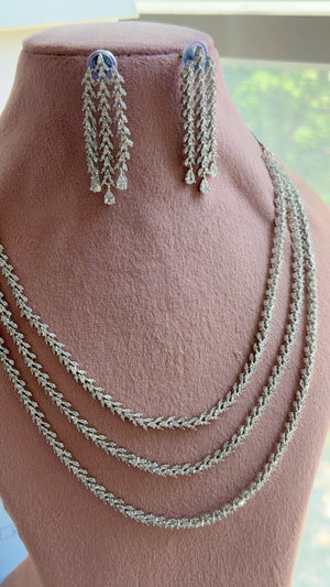 Silver triple Layer Long Diamond CZ Necklace | Elegant Multi-Layer Cubic Zirconia Necklace | Statement Party & Bridal Jewelry