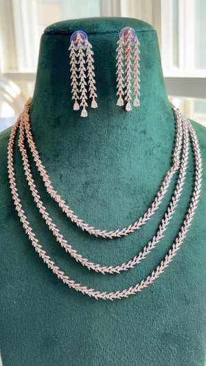Rose Gold triple Layer Long Diamond CZ Necklace | Elegant Multi-Layer Cubic Zirconia Necklace | Statement Party & Bridal Jewelry