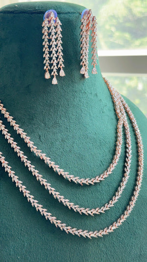 Rose Gold triple Layer Long Diamond CZ Necklace | Elegant Multi-Layer Cubic Zirconia Necklace | Statement Party & Bridal Jewelry