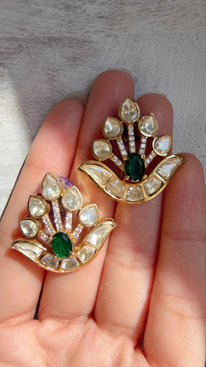 Moissanite Stone Green Earrings/Diamond Kundan Studs /Indian Jewelry /Statement Earring/Women gifts