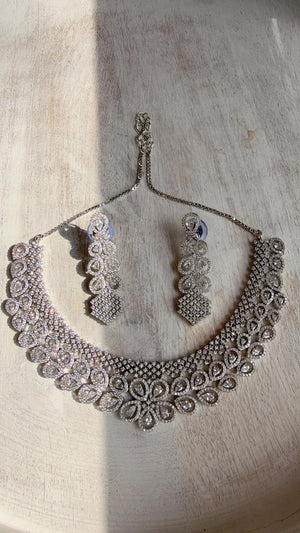 Silver Diamond Necklace | Bridal Necklace Set | Indian Diamond Necklace | CZ Choker