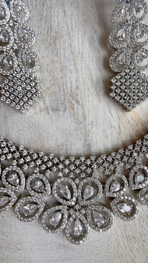 Silver Diamond Necklace | Bridal Necklace Set | Indian Diamond Necklace | CZ Choker
