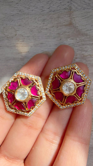 Moissanite Polki Meenakari Kundan Ruby Studs /Indian Jewelry /Statement Kundan Earring/Diamond Studs - Seerat