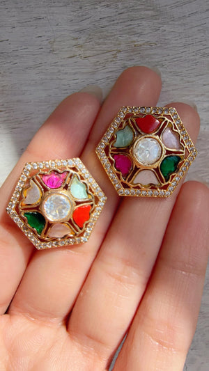 Moissanite Polki Meenakari Kundan Navratan Studs /Indian Jewelry /Statement Kundan Earring/Diamond Studs - Seerat
