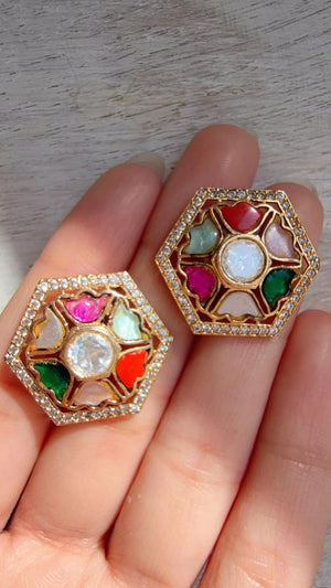 Moissanite Polki Meenakari Kundan Navratan Studs /Indian Jewelry /Statement Kundan Earring/Diamond Studs - Seerat