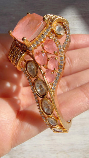 Doublet Stone Kundan openable Bracelet Kada/Moissanite Bridal Polki Bangle/Indian Jewelry - Tina