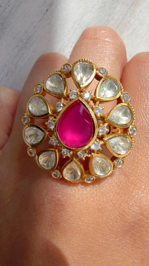 Ruby Statement ring/Bridal Kundan Moissanite diamond Ring/Adjustable Ring/Indian Wedding jewelry/