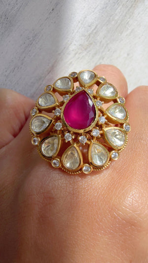 Ruby Statement ring/Bridal Kundan Moissanite diamond Ring/Adjustable Ring/Indian Wedding jewelry/