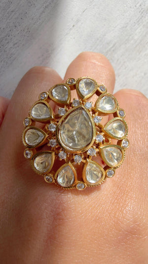 Gold kundan Statement ring/Bridal Kundan Moissanite diamond Ring/Adjustable Ring/Indian Wedding jewelry/