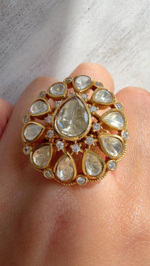 Gold kundan Statement ring/Bridal Kundan Moissanite diamond Ring/Adjustable Ring/Indian Wedding jewelry/