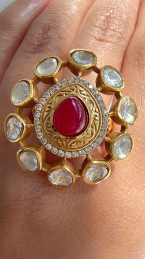 Ruby Meenakari work Statement ring/Bridal Kundan Moissanite diamond Ring/Adjustable Ring/Indian Wedding jewelry/