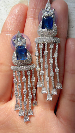 Crystal Tassel Statement Drop Blue Earrings/Bridal earrings / Indian Wedding Danglers/Drop Dangle Earrings