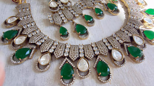 Emerald Green Victorian Stone Bridal Necklace Set | Moissanite Polki Kundan Necklace | Indian Wedding Jewelry | Statement Necklace - Anna
