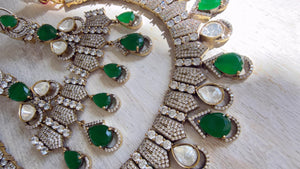 Emerald Green Victorian Stone Bridal Necklace Set | Moissanite Polki Kundan Necklace | Indian Wedding Jewelry | Statement Necklace - Anna