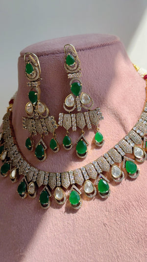 Emerald Green Victorian Stone Bridal Necklace Set | Moissanite Polki Kundan Necklace | Indian Wedding Jewelry | Statement Necklace - Anna