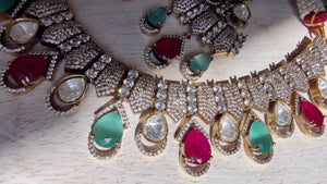 Ruby Mint Victorian Stone Bridal Necklace Set | Moissanite Polki Kundan Necklace | Indian Wedding Jewelry | Statement Necklace - Anna