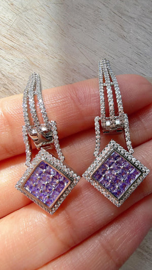 Silver Crystal Hoop Earrings | Cubic Zirconia purple Hoops | Elegant Lever Back Earrings | Everyday Luxury Jewelry | Gift for Her