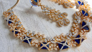 Blue 2 Tone Bridal Diamond Necklace Set | Moissanite CZ Necklace | Indian Wedding Jewelry | Statement Necklace - Sam