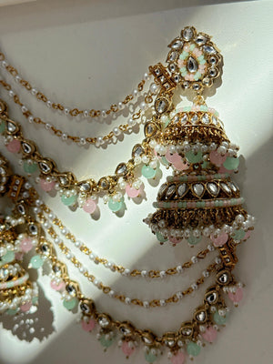 Mint Pink Bahubali Kundan Pearl Jhumka Earrings Set/Jhumka with Double Chain Sahare /Indian Wedding Earrings